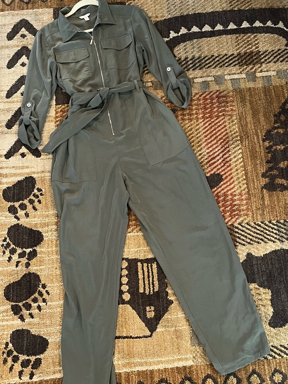 Olive Green Utility Zip Jumpsuit with Tie Waist